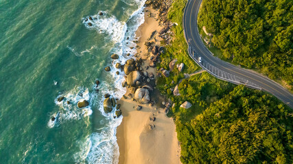 Balneario Camboriu in Santa Catarina. Taquaras Beach and Laranjeiras Beach in Balneario Camboriu. Aerial view in landscape.