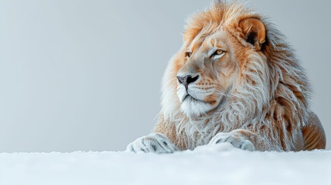 A lion is laying on a white surface, looking at the camera