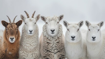 A group of five sheep and goats are standing next to each other