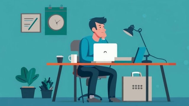 2d animation man in desk whit laptop and freelance work equipment thinking about career.