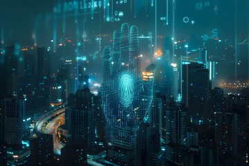 Cityscape with a hand fingerprint symbolizing security and digital protection in a business technology setting. Concept Business Technology, Cityscape, Digital Protection, Hand Fingerprint, Security
