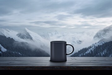 a mug on a table with mountains in the background