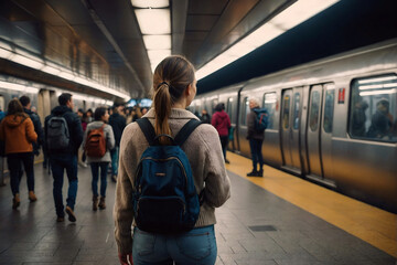 Young woman, with backpack is standing on crowded subway station, platform between arrived or departing trains, rear, back view. Girl using environmental friendly ecological transport, protect ecology