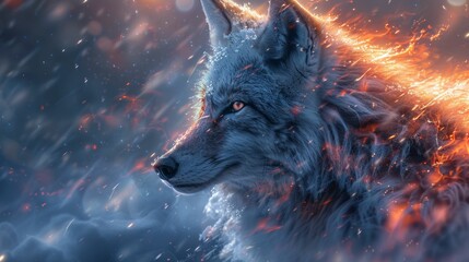A wolf with a fiery mane and glowing eyes - obrazy, fototapety, plakaty