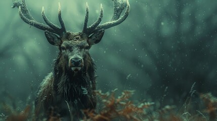A deer is standing in a forest with snow on its antlers - obrazy, fototapety, plakaty