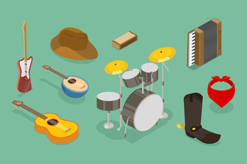 3D Isometric Flat Vector Set of Country Music, Cowboy Party - obrazy, fototapety, plakaty