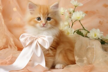 Cute pretty kitten with flowers for birthday gift or valentine's day greeting card