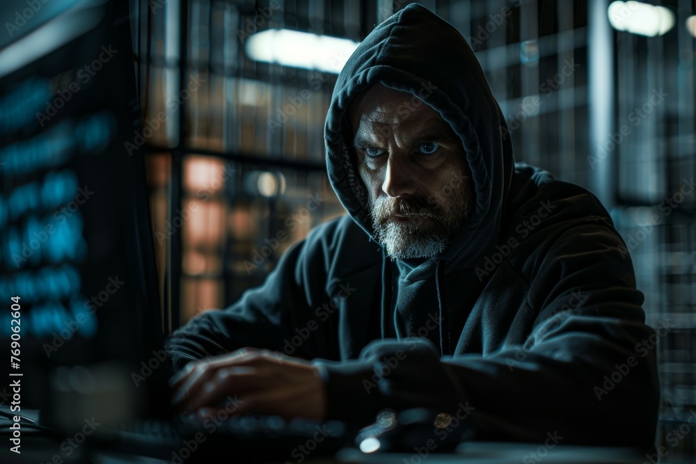 Poster a man in a hoodie is typing on a computer. prisoner hacker in prison
