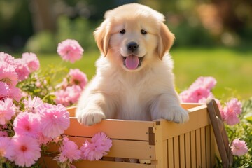 Pretty dog posing outdoors in the spring garden with flowers