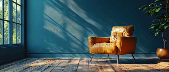 Modern interior of living room with leather armchair on wood flooring and dark blue wall, with empty copy space