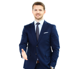 A business man with an open hand ready to seal a deal on transparent