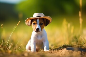 Pretty dog in summer hat resting outdoors in the spring garden with flowers