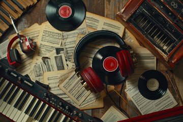A tapestry of musical inspiration unfolds in this collage featuring vinyl records, classical sheet music, eclectic instruments, and a pair of stylish headphones, AI generated