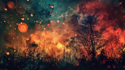 Mystical forest silhouette against fiery sky - A dramatic scene with silhouettes of trees and plants against a dreamlike backdrop of a sky ablaze with warm colors and sparkling lights - obrazy, fototapety, plakaty