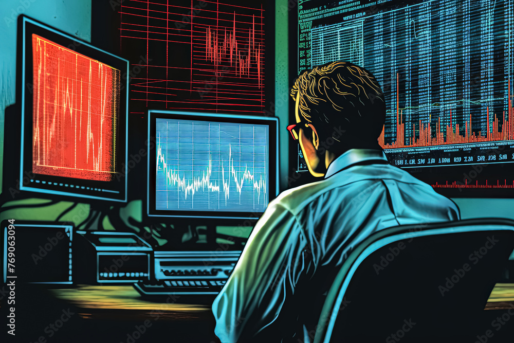 Poster a man is looking at a computer screen with multiple graphs and charts.