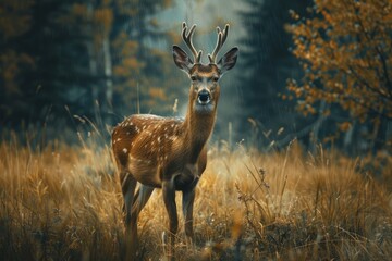 Naklejka na ściany i meble Sika deer standing in misty woods - An ethereal sika deer with velvety antlers stands amidst misty woods, giving the scene a dreamlike quality
