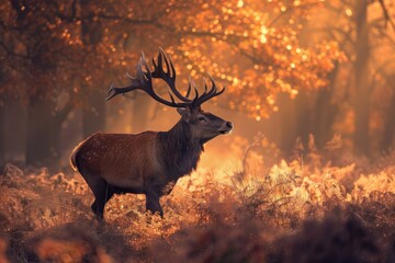 Stag in glowing autumn forest landscape - A solitary stag standing proudly in an autumn forest, bathed in a golden glow of the morning light