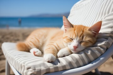 Pretty cat in summer resting outdoors on the beach