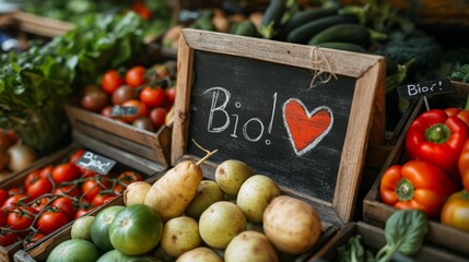 'Bio' Love Heart Sign at Fresh Organic Vegetable Market Stall
