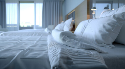 Neatly Made Beds in Vacant Hotel Rooms - obrazy, fototapety, plakaty