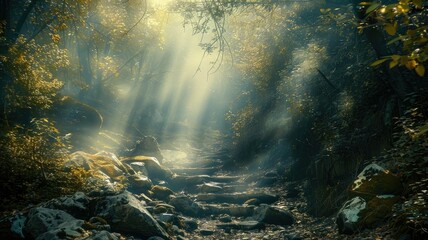 Fototapeta na wymiar Sunbeams piercing through a misty forest - A magical forest scene illuminated by mystical sunbeams piercing through the morning mist