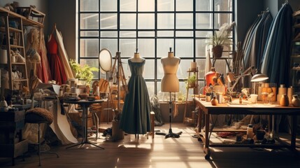 interior of the fashion designer studio is a personal room with various sewing items, fabrics, and mannequins. - obrazy, fototapety, plakaty