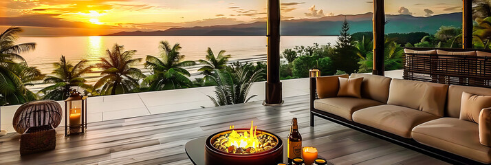 Luxury Beach Resort at Sunset, Modern Villa by the Sea, Tropical Vacation Ambiance with Pool and Fire Pit