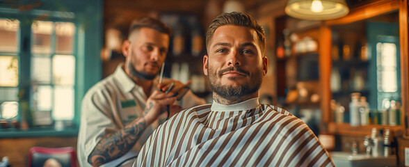 Smiling Client Enjoying Grooming Services in a Classic Barbershop
 - obrazy, fototapety, plakaty