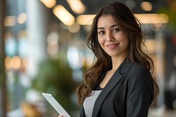 Fototapeta premium Confident Young Businesswoman with Tablet in a Corporate Environment 