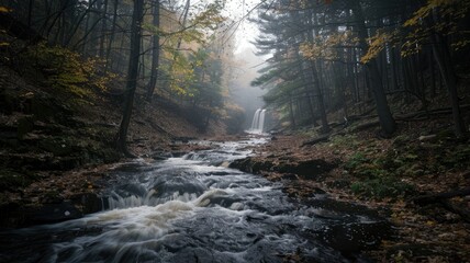 Waterfall flowing through a foggy autumn forest - An overcast setting with a majestic waterfall cascading through a foggy forest adorned with autumn leaves