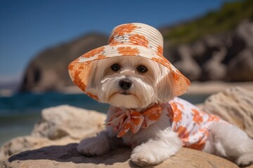 Pretty dog in summer hat resting outdoors on the beach