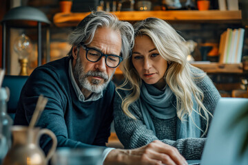 Mature Couple Engaged in Serious Discussion While Using Laptop at Home
