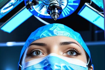 A woman in a blue surgical mask is looking up at a machine