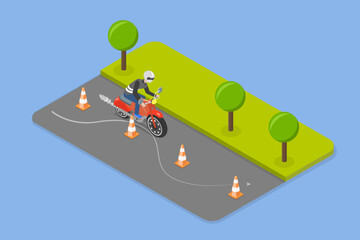 3D Isometric Flat Vector Illustration of Motorcycle Riding, Biker or Scooter Driver
