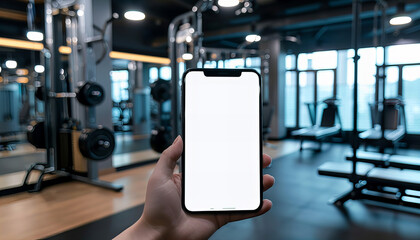 A smartphone with white screen in the hand with fitness room in the background