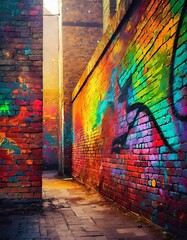 abstract colorful graffiti on brick wall 