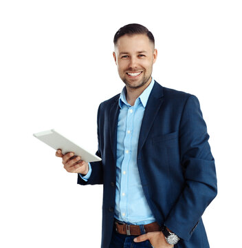 Businessman using his tablet on transparent