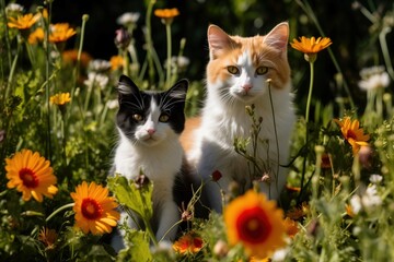 Two pretty kittens walking outdoors in the spring garden with flowers