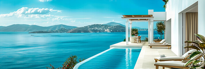 Luxury Resort with Infinity Pool Overlooking the Aegean Sea, Summer Escape - obrazy, fototapety, plakaty
