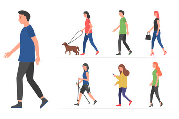 Fototapeta na wymiar People on the street in different activity situations - dog walking, running, relaxing. Walking people. Various characters outdoors physical activity. Humans strolling with smartphones, vector. 