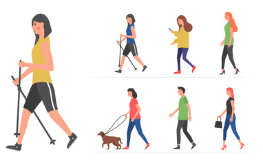 People on the street in different activity situations - dog walking, running, relaxing. Walking people. Various characters outdoors physical activity. Humans strolling with smartphones, vector.
