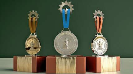 Podiums adorned with medals showcasing global athletic competition - obrazy, fototapety, plakaty