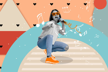 Creative collage for performance poster with woman singing on bright background