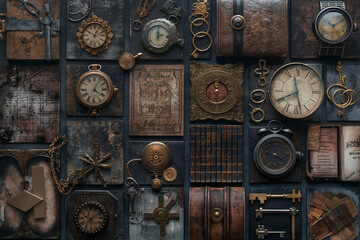 A captivating collage that assembles a treasure trove of vintage items. Antique maps, weathered binoculars, and aged leather-bound books come together in a nostalgic display - 2, AI generated