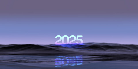 2025 year luminous figure on a rocky island,nature amidst water on the horizon.2025 sci-fi concept,wallpaper.3D render