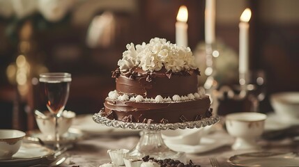 a visually striking representation of a chocolate cake with sumptuous buttercream and meticulously placed white icing flowers on a stylishly set table - obrazy, fototapety, plakaty