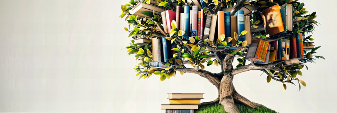 Magic of Reading, Educational Books and Tree Concept, Wisdom and Knowledge Growth in Nature