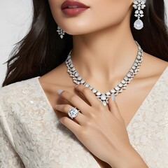 The delicate allure of a diamond necklace around the neck of a graceful lady, complemented by the sparkle of a matching ring.