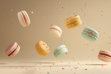 Various colorful macarons floating on the air isolated, macarons floating, macarons background, macarons background for banner,  colorful macarons floating, biscuits floating, biscuits background