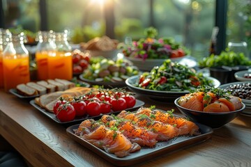 A lavish brunch setup with a variety of fresh dishes and juices, bathed in warm, natural sunlight filtering through the windows